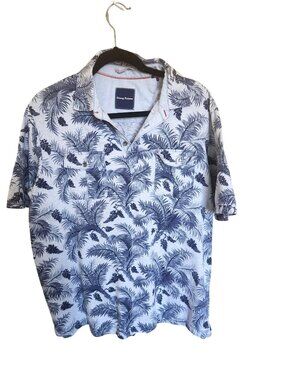 Vintage Tommy Bahama Mens Blue Palm Print Short Sleeve 100% Cotton Shirt Size L